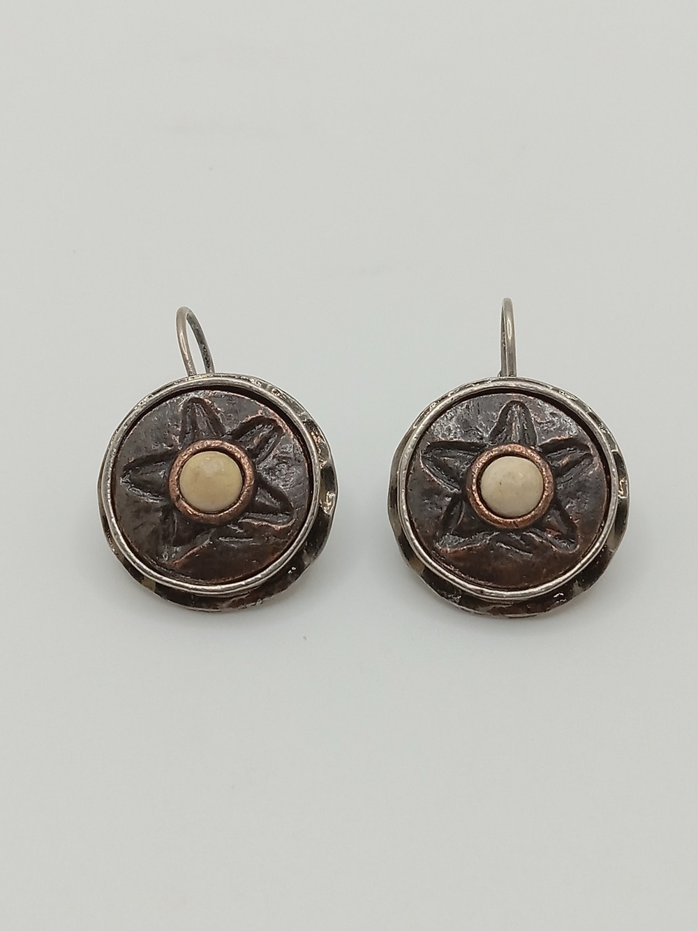 Vintage Robert Rose Earrings Mixed Metal Star Cream Cabochon Leverback Signed